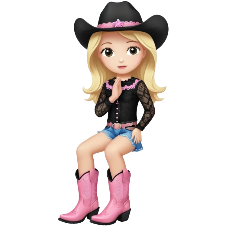 blonde girl in a black lace top in sparkling pink cowgirl boots praying   emoji