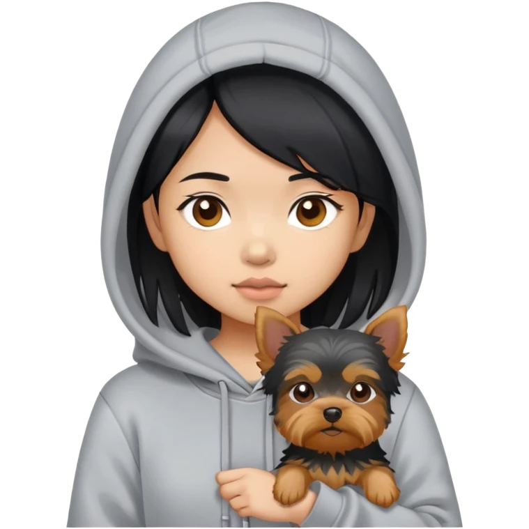 a black-haired asian girl wearing a grey hoodie with a yorkie  emoji