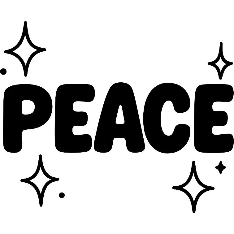 the word 'peace' in bold, playful letters with sparkles, no background emoji