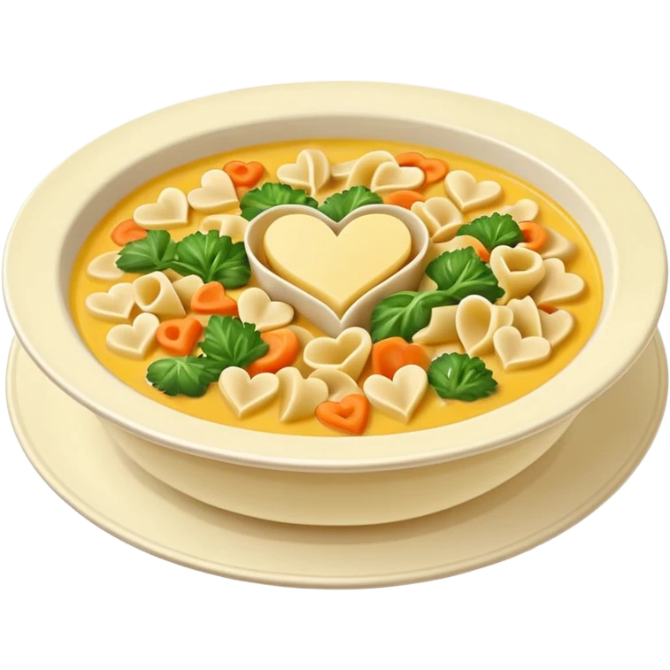 yellowish vegetable soup topped with heart-shaped pasta in a white plate emoji