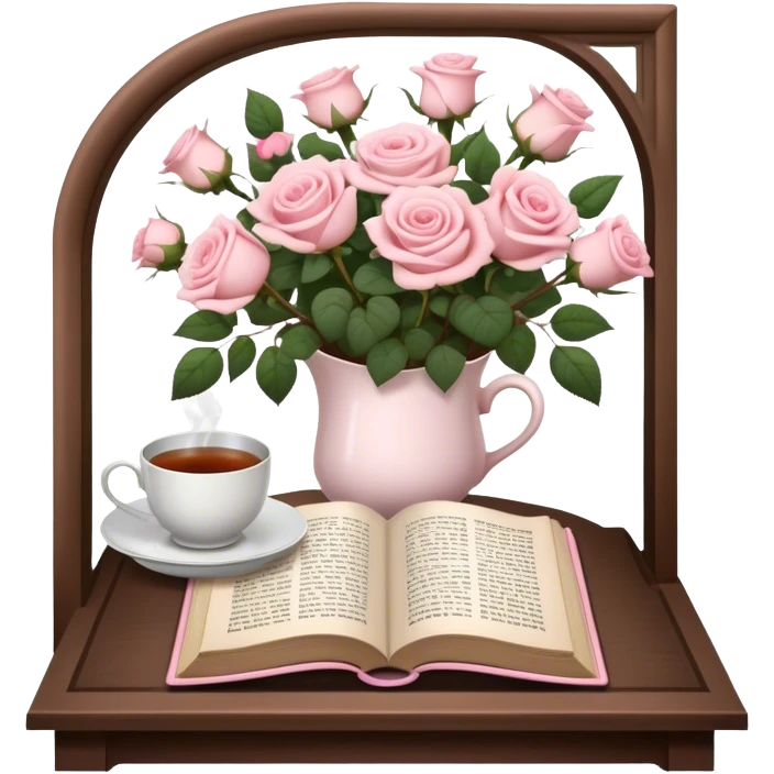 A cozy reading nook with an open book, a steaming cup of tea, and a bouquet of pale pink roses. emoji