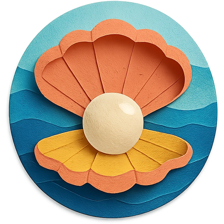 clam with a large pearl, ocean background, layered paper effect, paper-craft style emoji