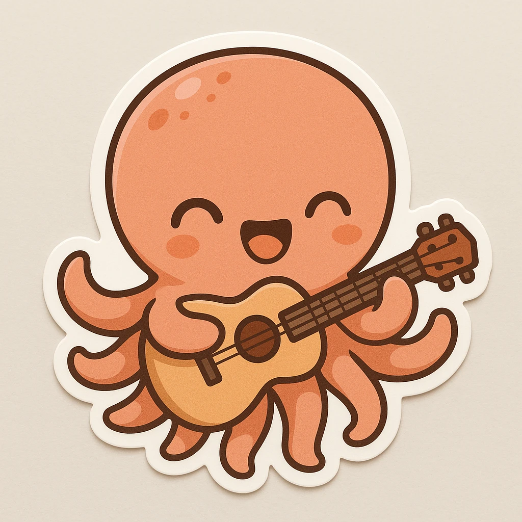 happy octopus with multiple arms playing guitar emoji
