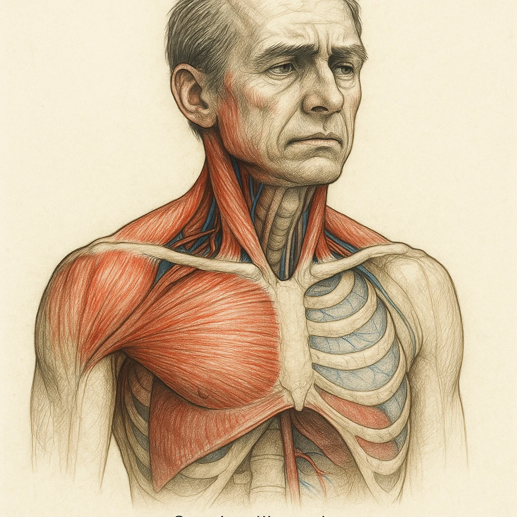 realistic anatomical illustration showing a blocked diaphragm, highlighting overloaded neck and shoulder muscles, detailed style, use colors to distinguish involved areas emoji
