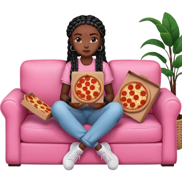 A dark skinned black girl with black box braids with a pizza box, on a pink couch in comfy outfit emoji