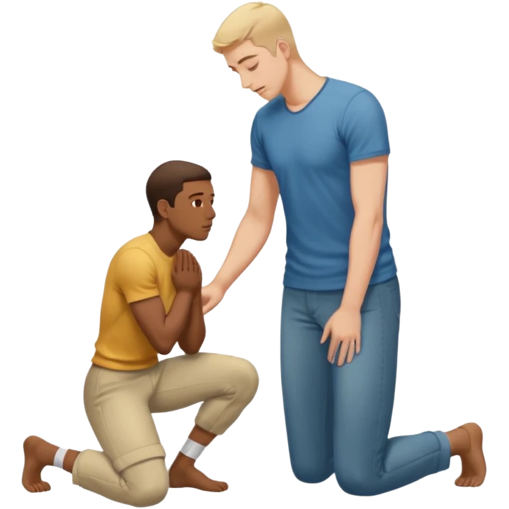 one guy standing up and the other guy is on both of his knees in front of said guy standing up who is loookg down at him and guy on knees is looking up at him emoji