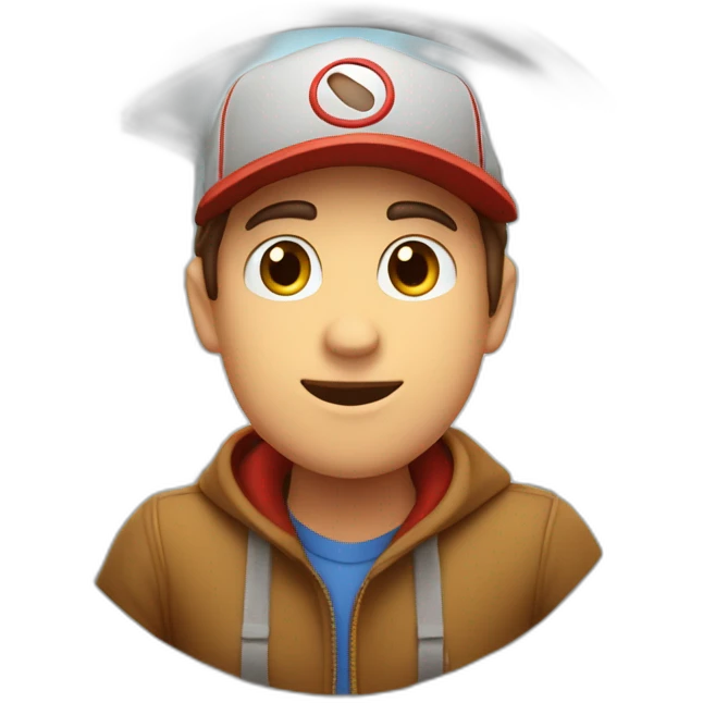 Guy with brown hair and short, eyes with a cap that is behind a circle window that try to exit with a hand on the top of cornice emoji