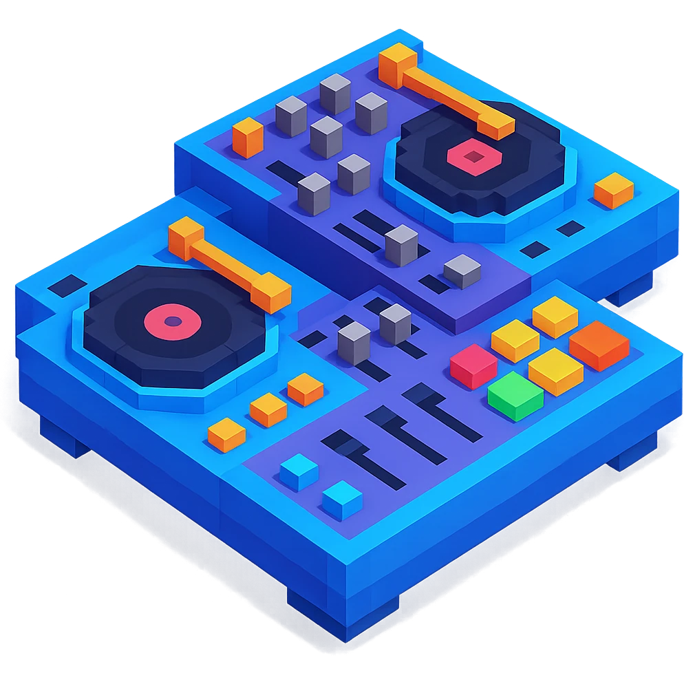 detailed DJ equipment close-up with turntables, mixer, and glowing buttons emoji
