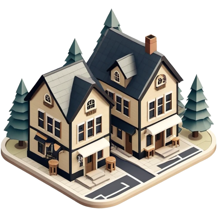 Isometric exterior little black, beige, and white mountain resort town brewery, dollhouse style 3D realistic  emoji