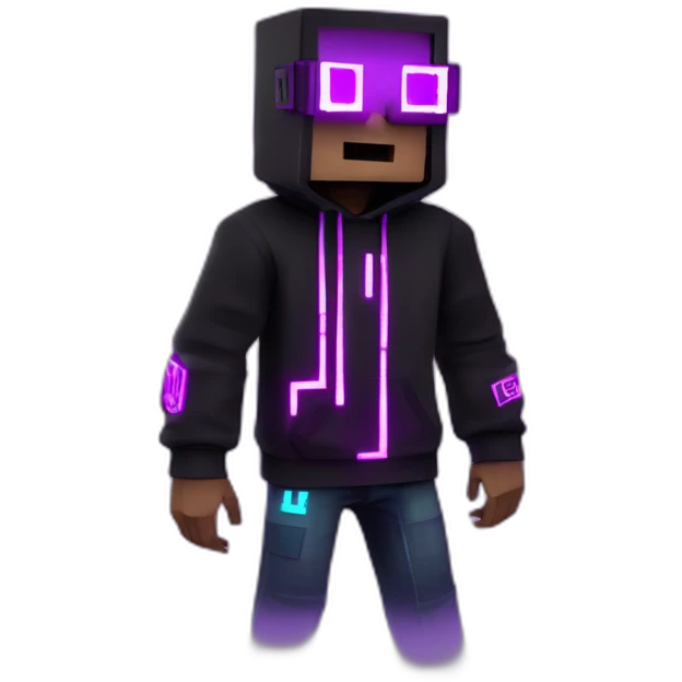 Minecraft steve wearing a black hoodie with "OMG" letters on it and VR headset in a cyberpunk VR environment with violet neon lighting. emoji