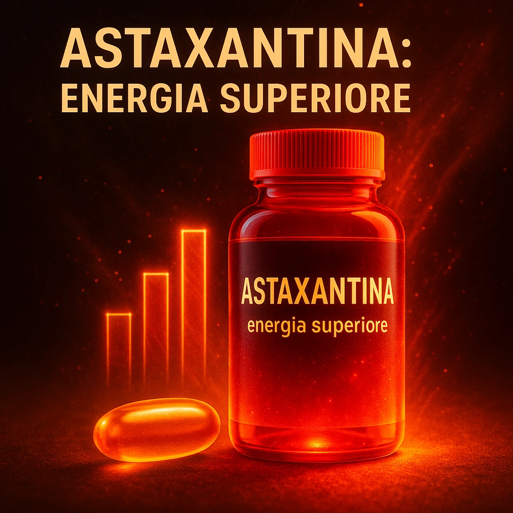 hyper realistic Astaxantina with glow effect, orange and golden capsule, glowing red bottle, bar chart, text 'Astaxantina: energia superiore', energetic atmosphere emoji
