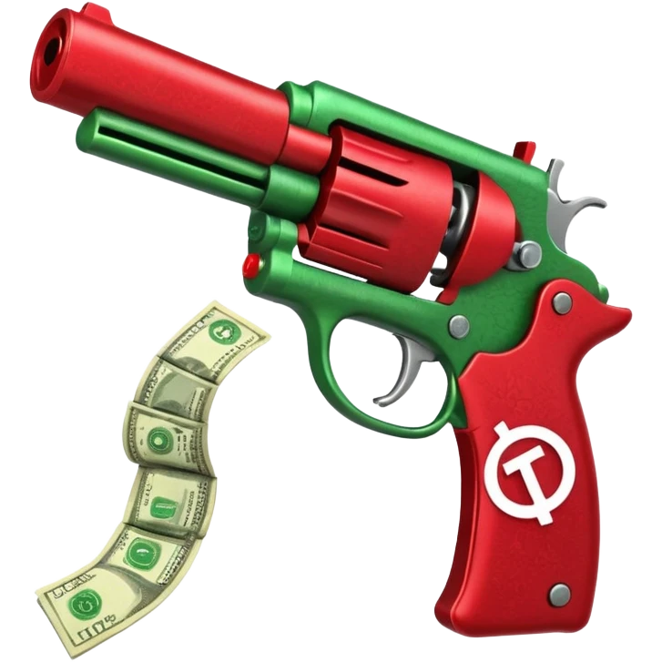 Dollars are pouring out of a red TikTok money-spinning gun emoji