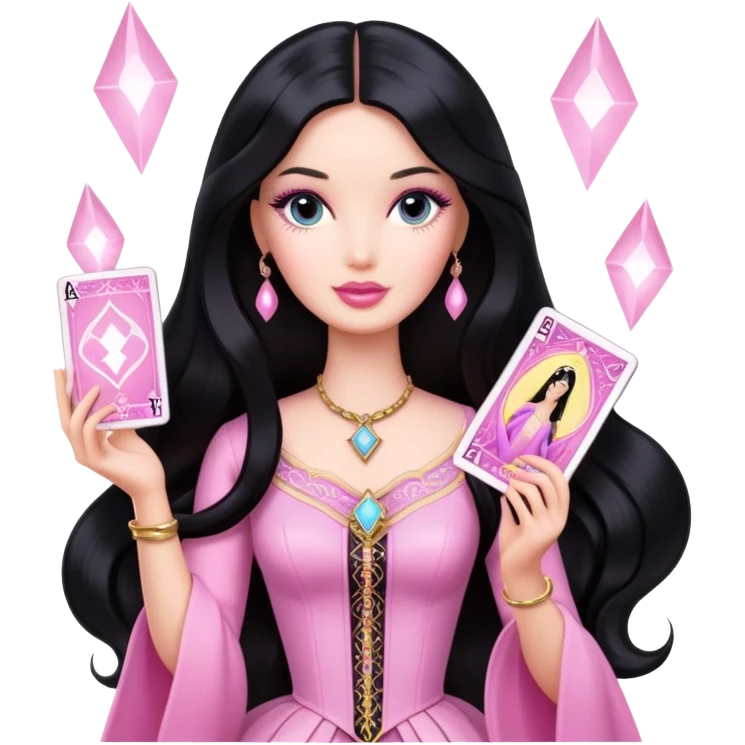 long black hair barbie with light pink tarot cards emoji