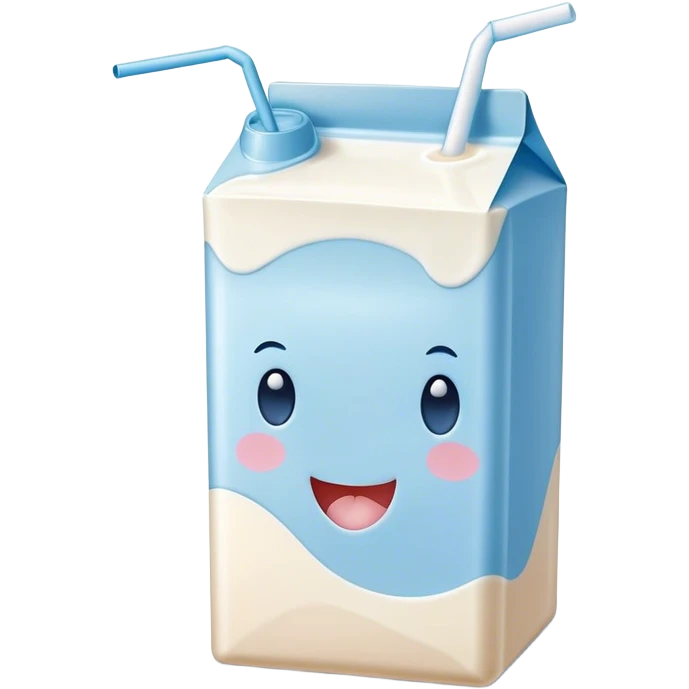 Cute Kawaii Milk Carton, small and boxy, bright pastel blue and white, blushing cheeks, a tiny straw poking out, soft glowing highlights, adorable farm-fresh cuteness! emoji