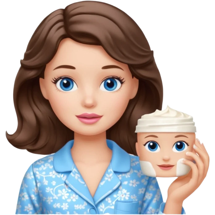 Barbie girl with makeup, blue eyes , and bob long haircut wavy, short brown hair in creamy color pajamas, face cream in hand emoji