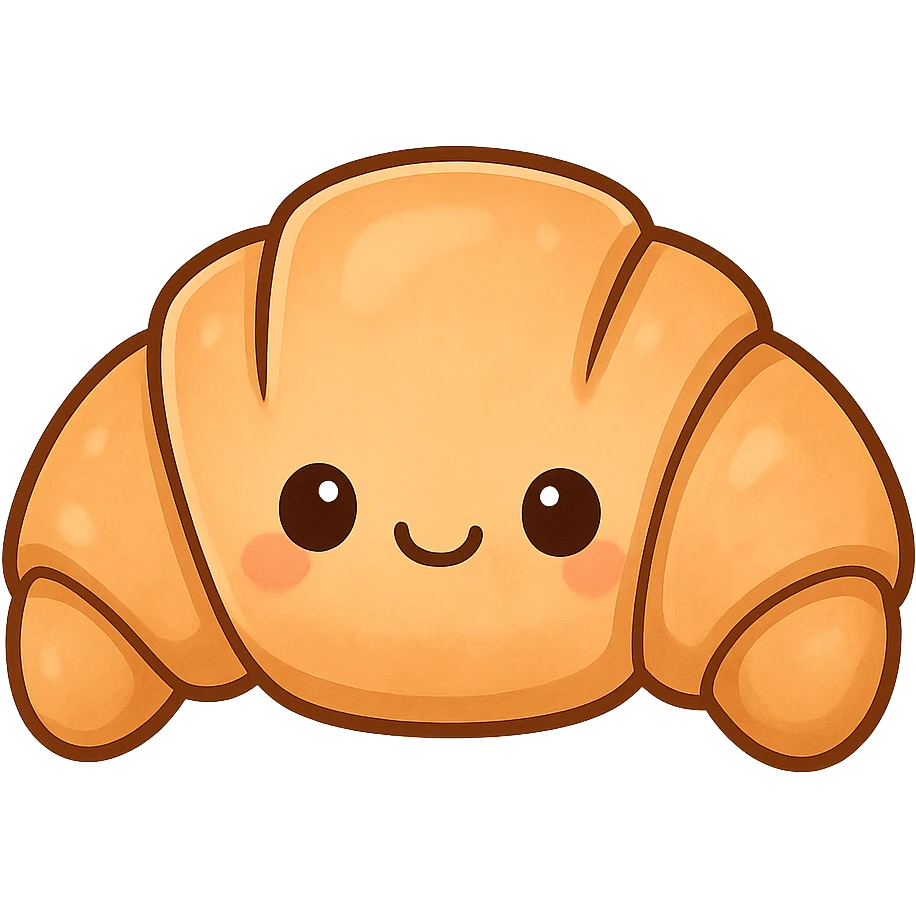 chibi sticker-style croissant with a smiling face, cute and exaggerated emoji