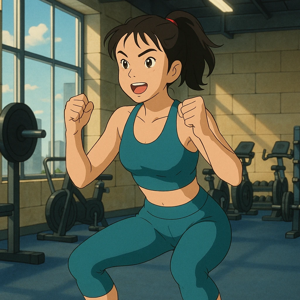 Asian woman doing a routine workout, energetic, fitness attire, gym background emoji