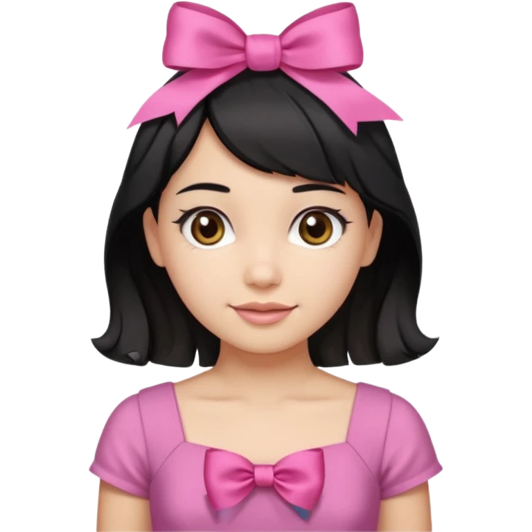 Beautiful girl with short black hair in a half-up half-down hairstyle with pink ribbon tying the top half, waves at the ends, brown eyes, light skin, slight smile, and pink dress emoji