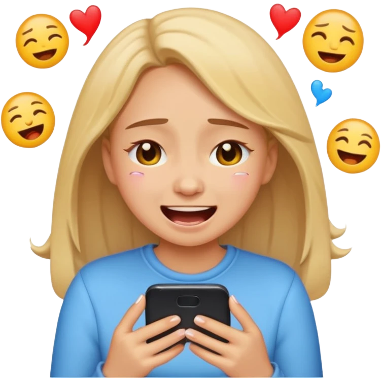 Girl crying laughing at a funny video on her phone. More emoji style. Less realistic emoji