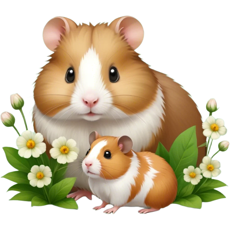 Icon for Hamster and Guinea Pig: A portrait-style collage with a fluffy hamster with soft fur, looking curious, and a friendly guinea pig with long, smooth fur, both on a soft green background with flowers and soft light. Transparent background. emoji