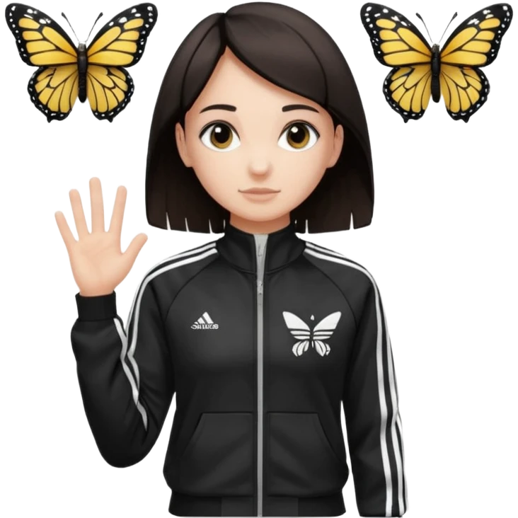 A girl with  medium length, dark hair, fair skin. The style is a butterfly  cut and wore black Adidas track jacket with white stripes on the sleeves. It has a full zipper down the front, a stand-up collar, and the Adidas logo on the right chest emoji emoji