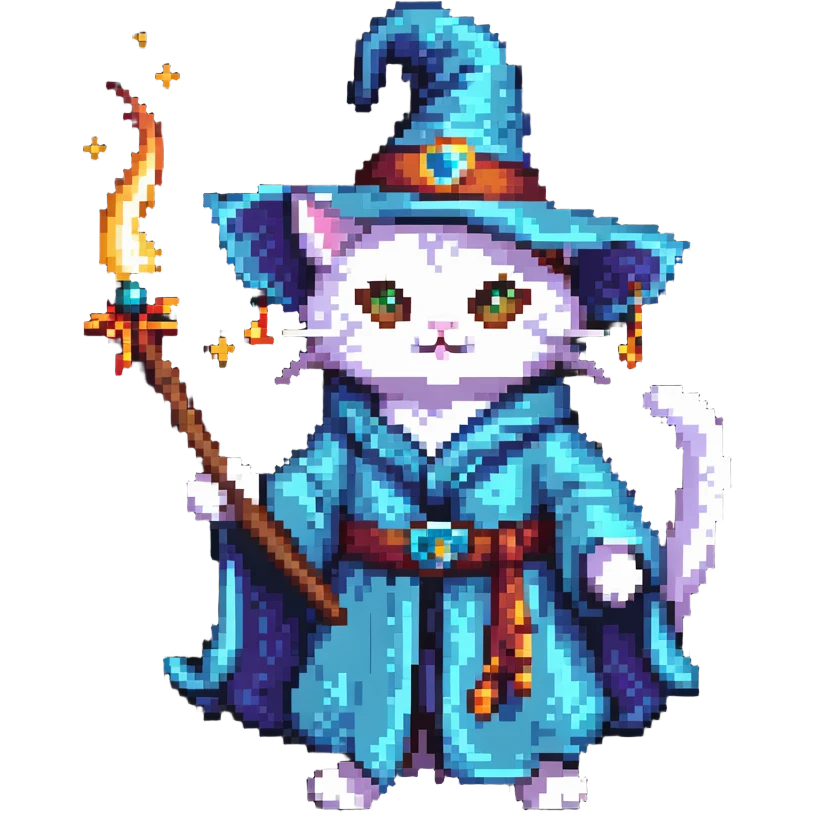 A cat wizard casting a spell with magical staff and flowing robes emoji