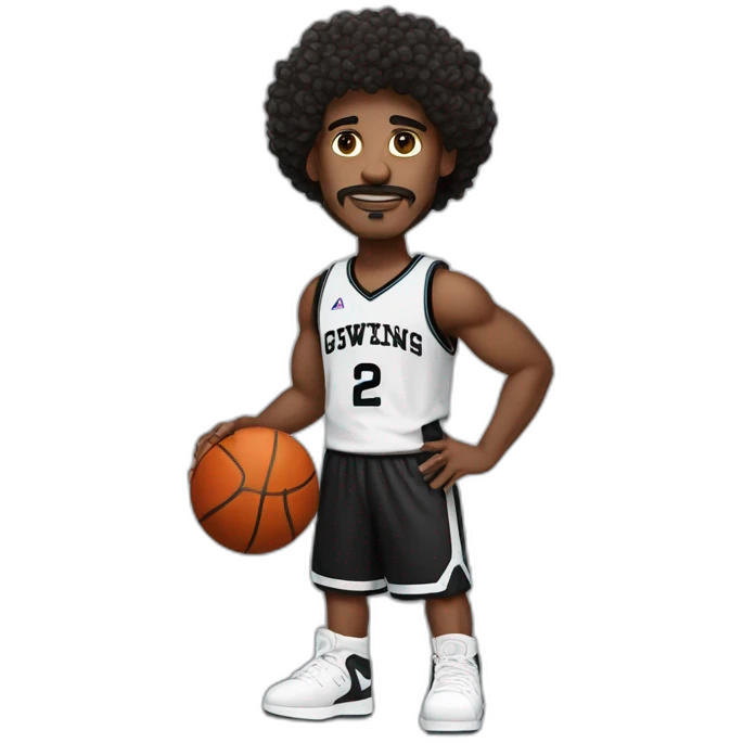 black basketball player with moustache curly hair and headband wearing black and white jersey holding the book emoji