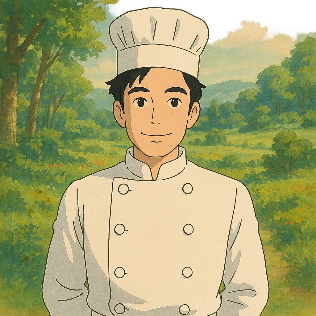 a man with black hair in a chef's suit emoji