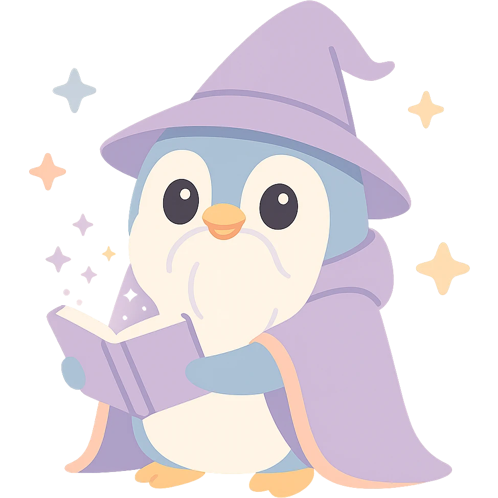fantasy penguin wizard with long beard, mystical cloak, enchanted book emoji