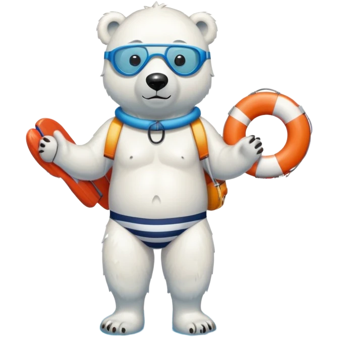 full body friendly anthropomorphised polar bear wearing striped swim shorts and swim goggles, standing in a puddle and holding a life buoy emoji