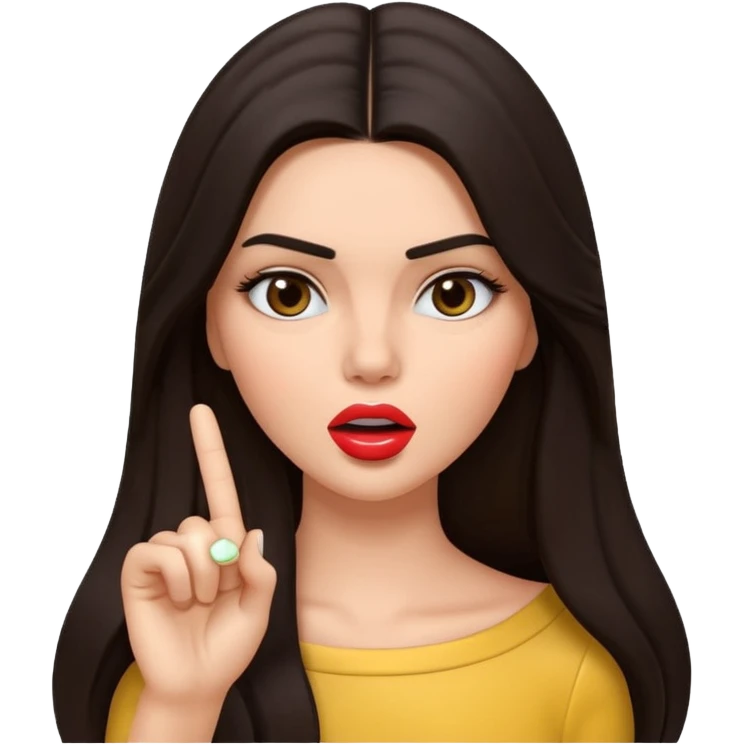 Create a glossy 3D emoji-style illustration of a glamorous brunette model inspired by Kendall Jenner, with long dark hair and defined features, making a “shh” gesture with one finger to her lips. othe hand is not in the picturePlayful, mysterious expression, centered, transparent background. emoji