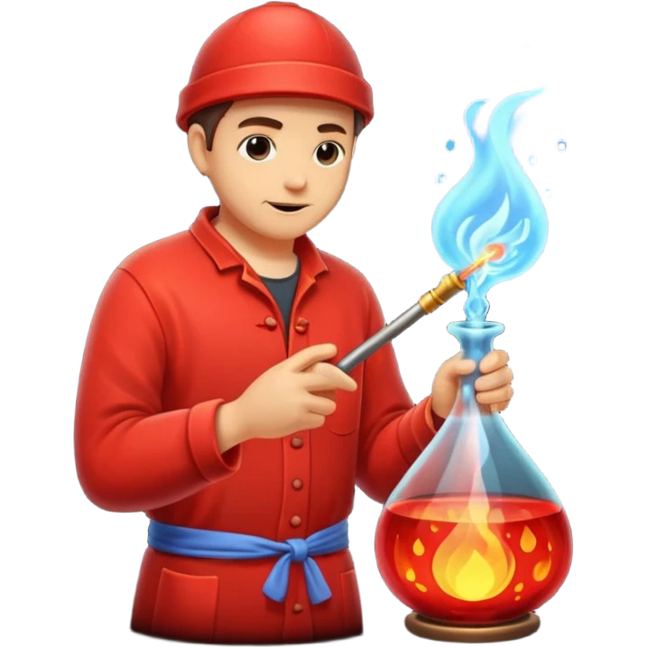 Glassblowing and casting icon, artisan shaping molten glass with a blowpipe, glass being poured into a mold, glowing red-hot glass, delicate patterns, minimalistic style, clean lines, transparent background. emoji