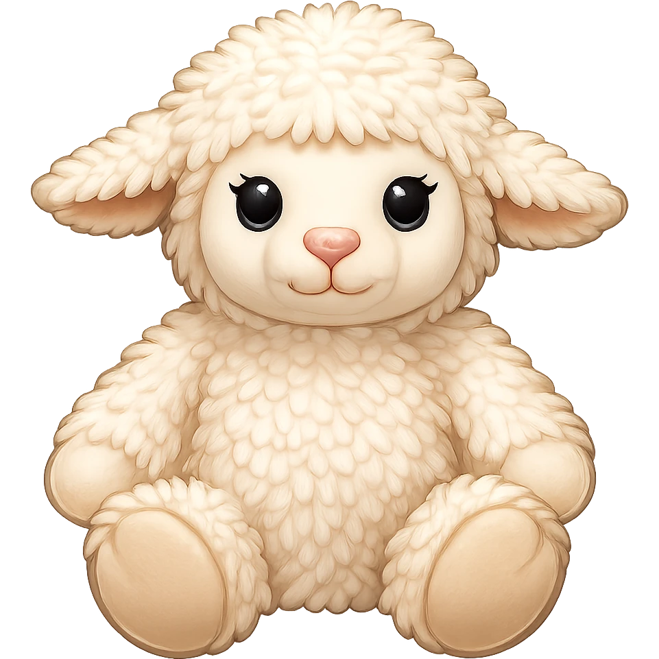 Create an emoji style illustration of this exact lamb stuffed animal. Capture its fluffy texture, big black eyes with lashes, and soft cream color. The lamb should be in a sitting pose with no background. The style should resemble emoji style illustration. emoji