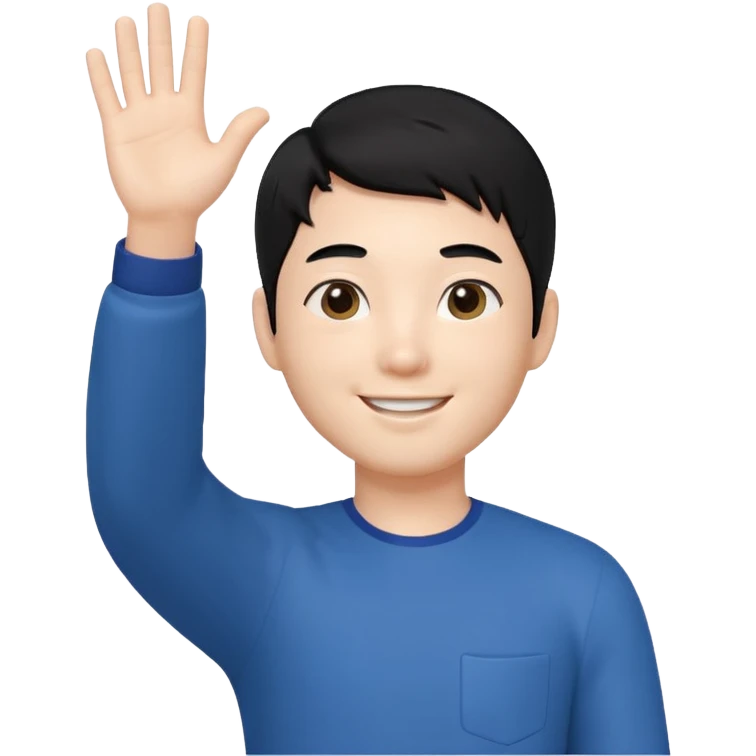 귀엽게 생긴 검정머리 피부하얀 한국 남자, 상반신 다 보이고, 한손 흔들고 있음 3D 생성 emoji