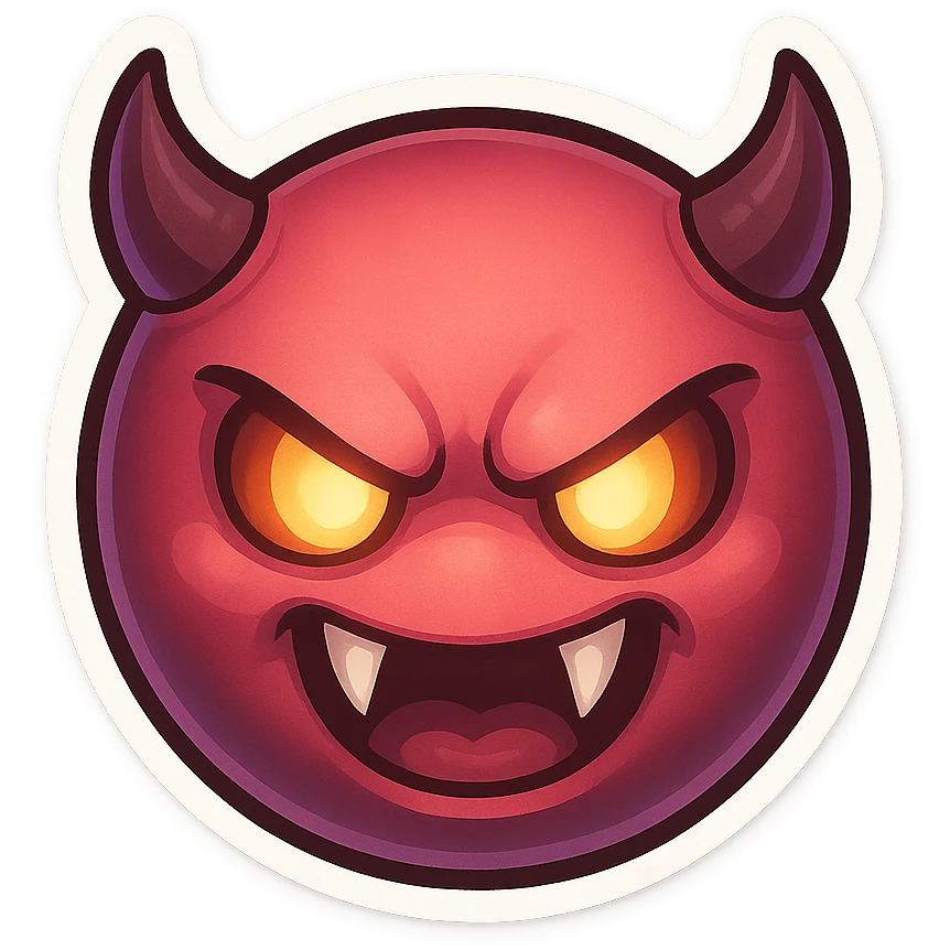 devil emoji, chibi style, pink gradient, sharp fangs, glowing eyes, dramatic shadows emoji