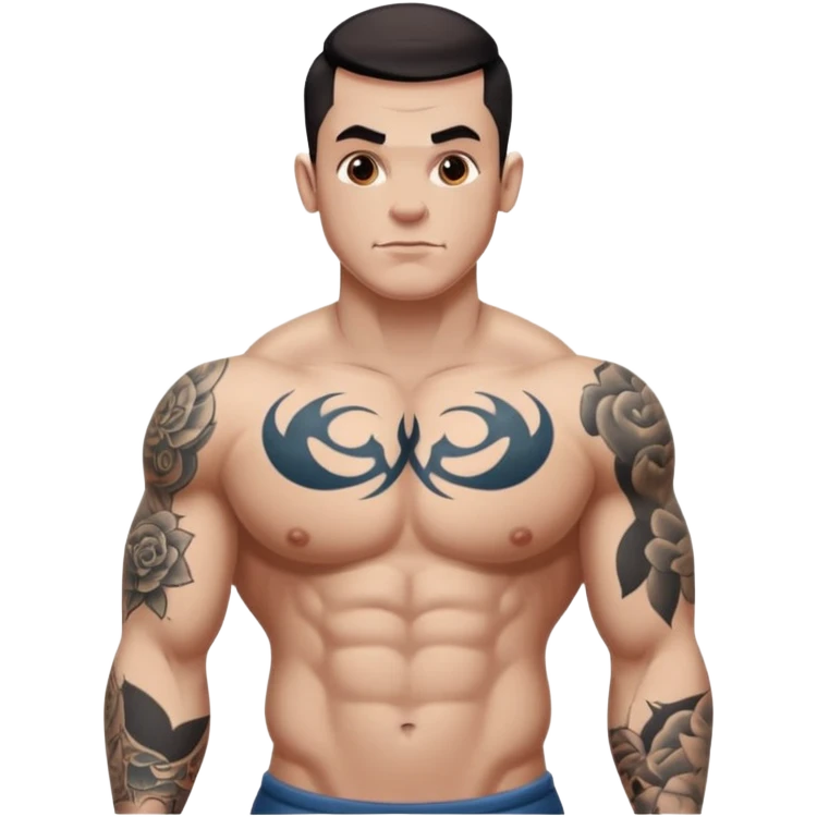 tattoo man, white skintone, more highlight the tattoo, body builder, heavy tattoos on fully chest, more tattoos on the body, more visible tattoo, big tattoos, tattoos on face. emoji