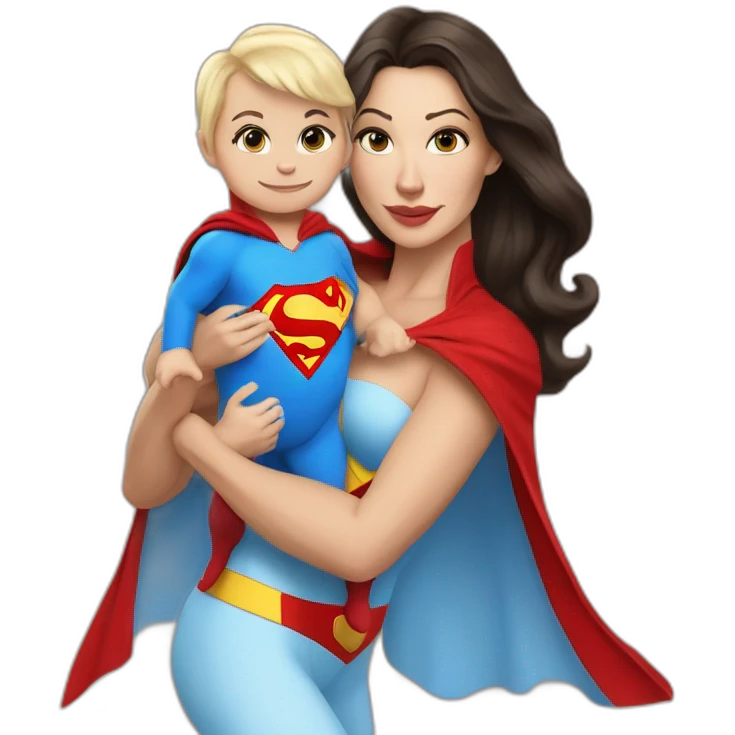 mother white skin brunette dressed as Superman with a cape holding a blondbaby emoji