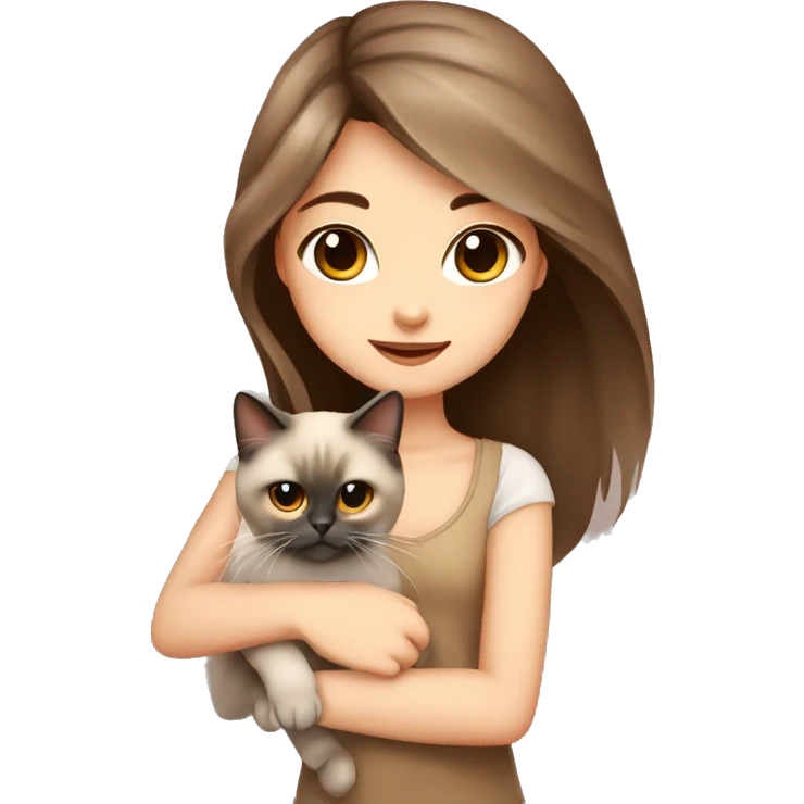 girl with brown eyes brown long hair cute beautiful in her arms holds a Persian cat of Siamese color emoji