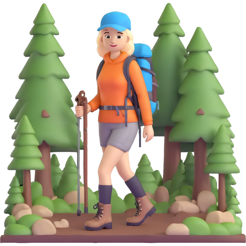 Outdoorsy woman with hiking boots and forest background, Melissa Backwoods emoji