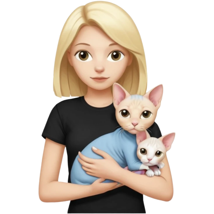 A white girl with blonde hair black T-shirt is holding a white Sphynx cat in her arms emoji
