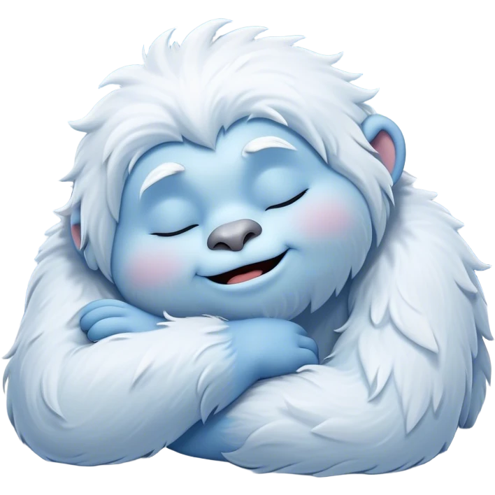 Meme-Worthy Cute Sleeping Yeti Portrait Emoji, with a charming, fluffy, snow-dusted figure in gentle whites and cool blues, head resting in blissful, serene slumber with closed, peaceful eyes and a small, contented smile, simplified yet irresistibly adorable, highly detailed with a soft frosty outline that captures the tender drowsiness of a yeti drifting into snowy dreams! emoji