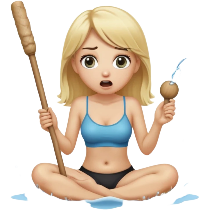 blond woman sitting on her knees with wide eyes, holding a wide skin-colored stick with a D-shaped knob, the stick and the nob have skin texture, water squirting from the knob into her mouth, shocked face, the knob is coming out of pants hanging next to her emoji