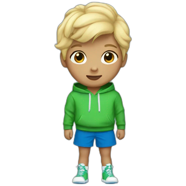 Kid with a green puma hoodie And blue shorts And blonde hair emoji