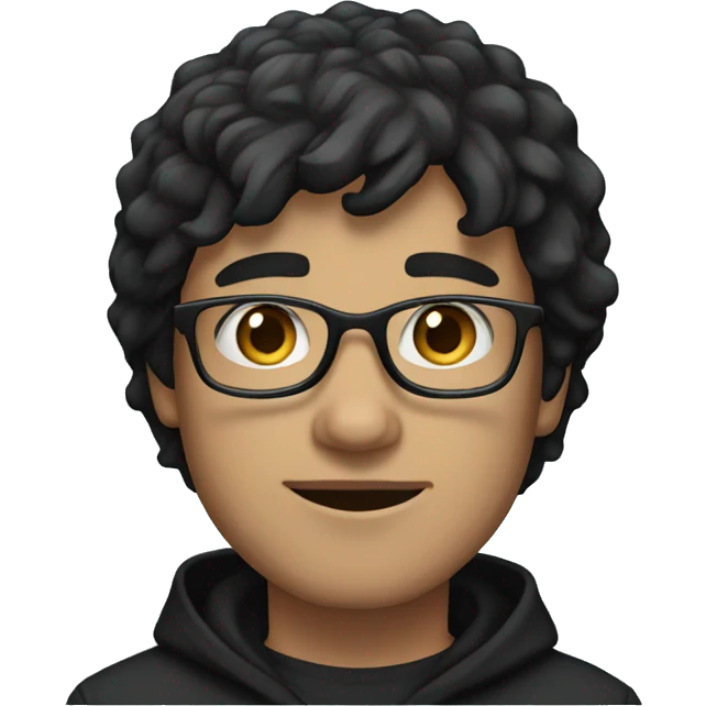 Man, long dark hair with bangs, light skin, blue square glasses, black hoodie emoji