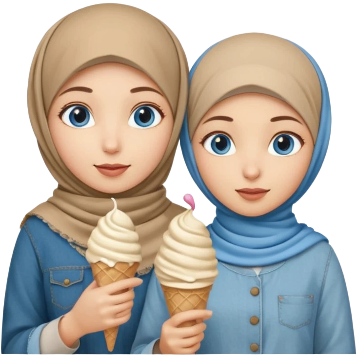 Turkish beautiful finish Konya two girls blue eyes with beige denim hijab islamic dress and had on her hand ice cream emoji