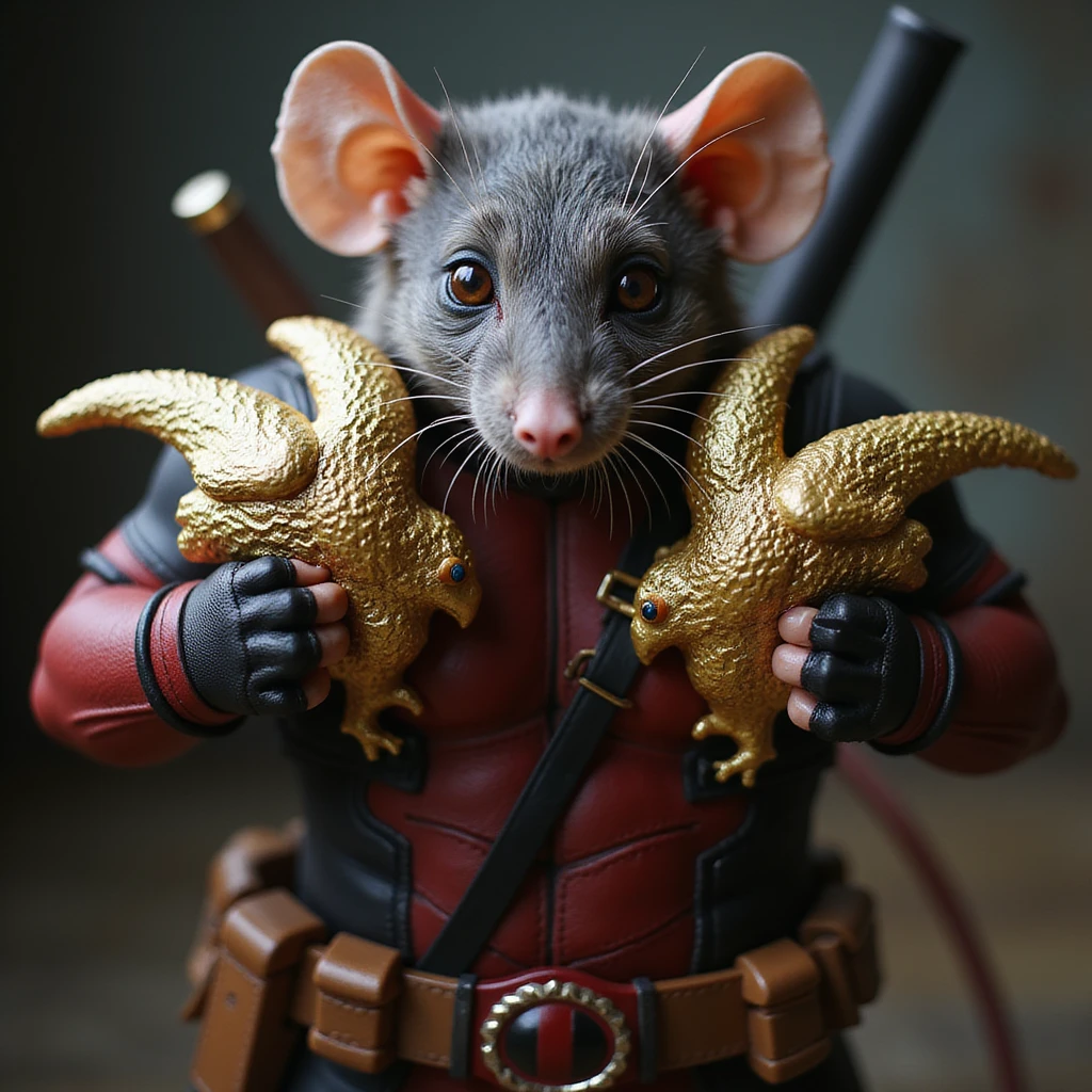 A lifelike rat as Deadpool, gripping two gold Deagles, detailed and realistic style, moody background. emoji