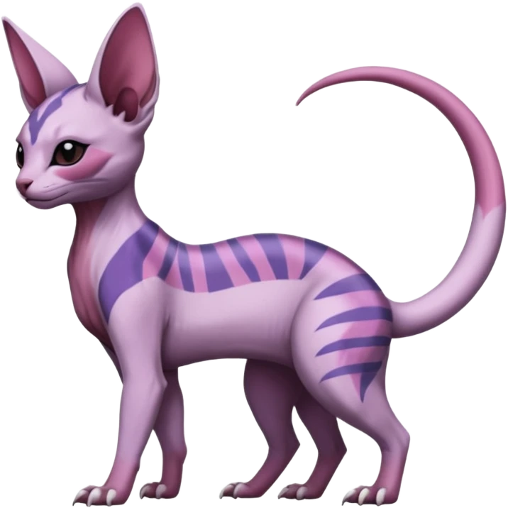 Purple, white, black, Minccino-Nidoran-Sphynx-Lykoi-Linoone-Zangoose-fusion-hybrid-animal-Fakémon-creature, full body, thin long sleek scaly tail, intricate markings emoji