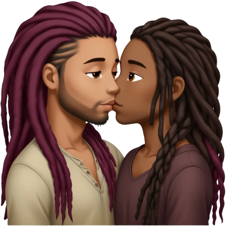 Dark Wine colored hair Latina long hair, kissing young black guy with dreads emoji