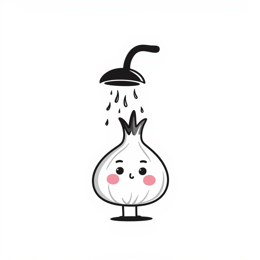 adorable onion with blushing pink cheeks under showerhead, shy expression, water drops emoji