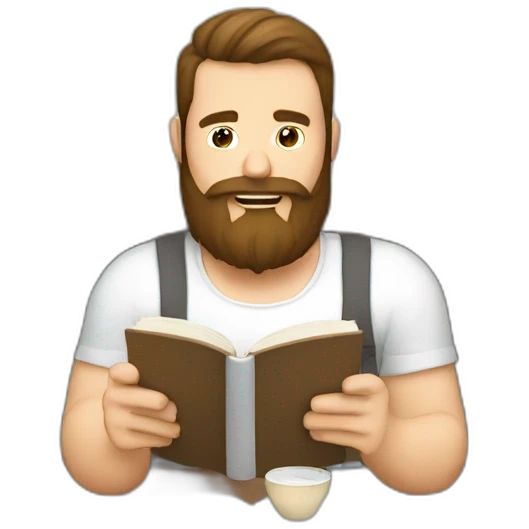 Bearded man, Reading at home, drinking a coffee, relax emoji